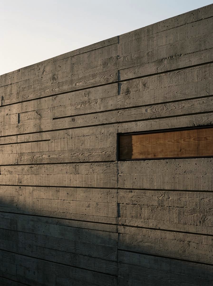 The west wall of Bluff House against a pale evening sky: long horizontal lifts of board-formed concrete, with one fir-lined window set deep in the wall.