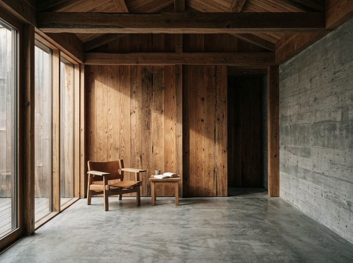 A tall timber room with Douglas fir walls and exposed beams, a board-formed concrete wall on one side and floor-to-ceiling glass on the other. Low sun falls across a polished concrete floor; a single chair and small table sit by the window.