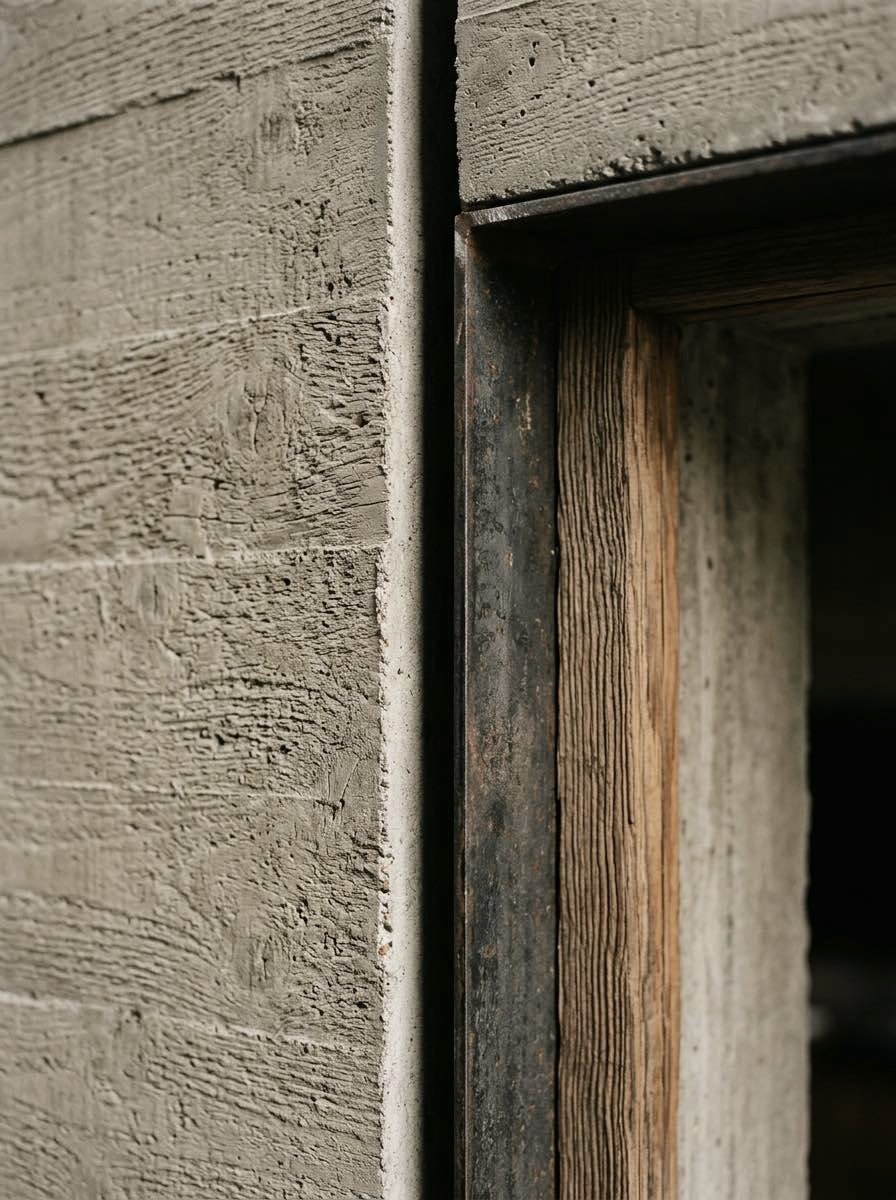 Close detail of a window reveal: board-marked concrete meets a dark unfinished steel frame and a weathered fir jamb. The grain of both materials is visible.